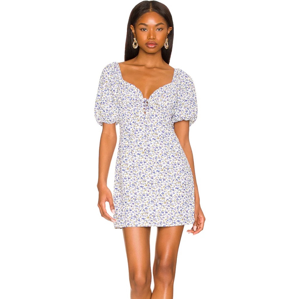 Sherrie Puff Puff-Sleeve Mini Dress - Blue & White Floral
